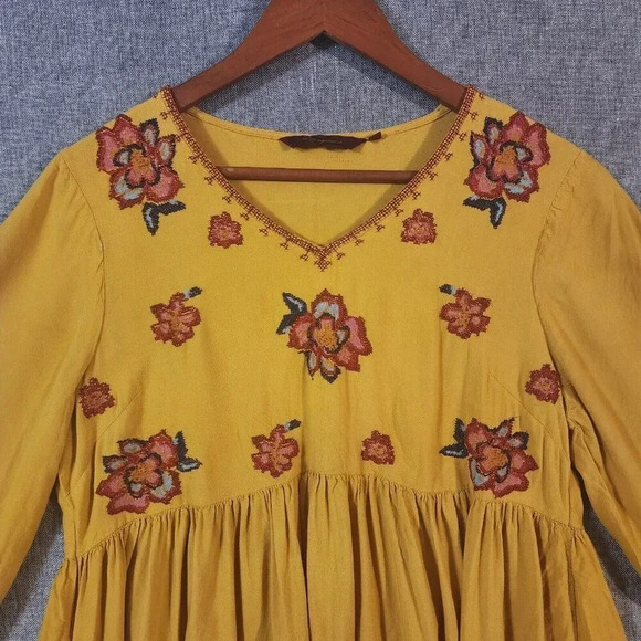 Sangria Dress Women's Large Yellow Embroidered V-Neck Long Sleeve - Picture 9 of 9